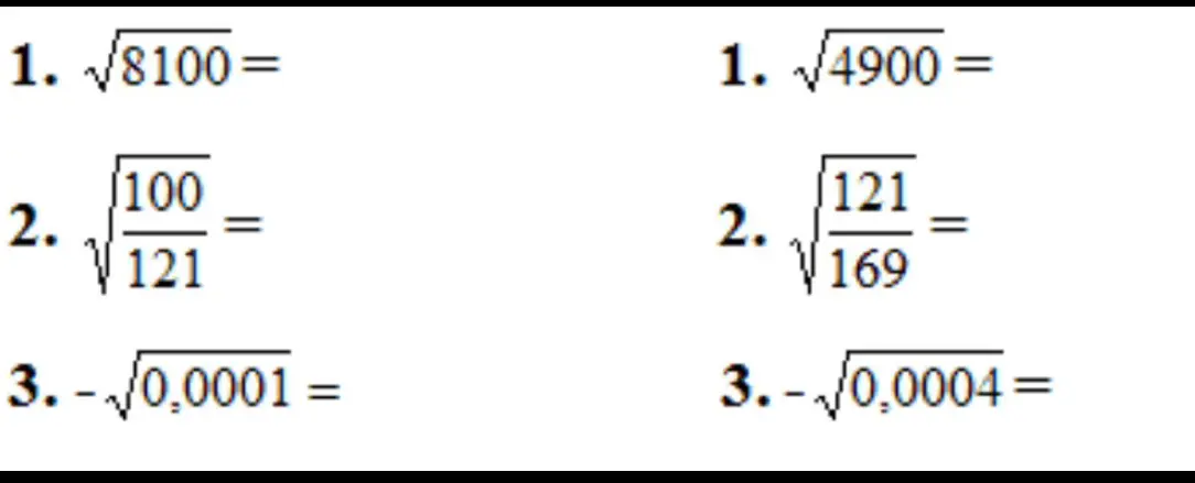 Реши примеры с корнями: √8100=, √(100/121)=, -√0,0001=