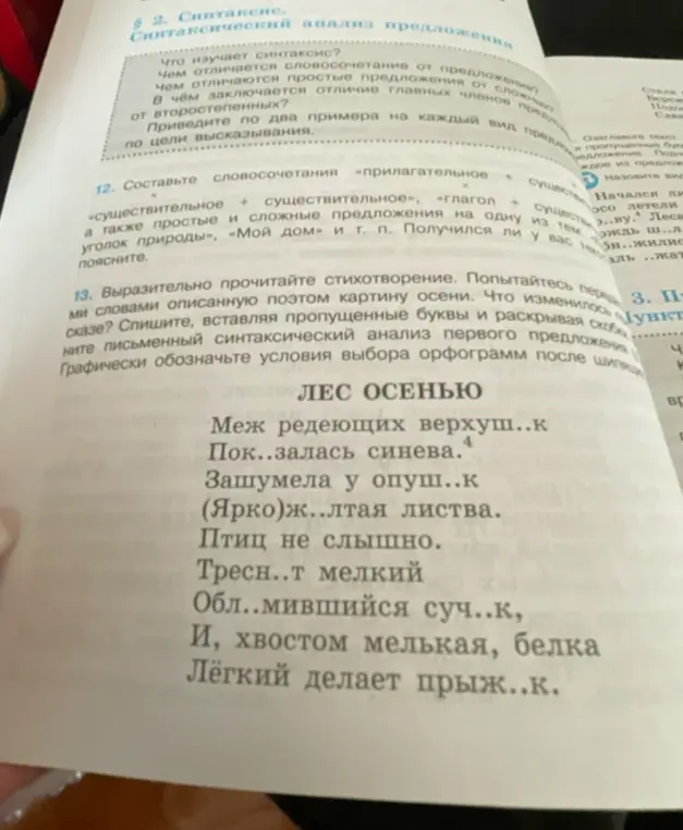Выполни списывание, вставляя пропущенные буквы и раскрывая скобки, и сделай письменный синтаксический анализ первого предложения стихотворения