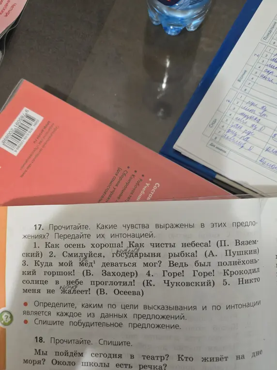 Определи, какие чувства выражены в предложениях упражнения 17 и передай их интонацией