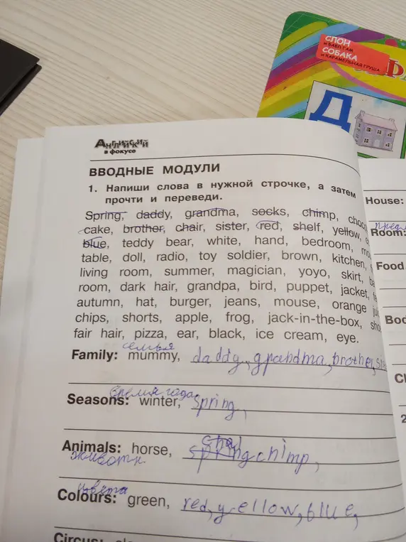 Ты просишь написать слова в нужной строчке, а затем прочесть и перевести их.