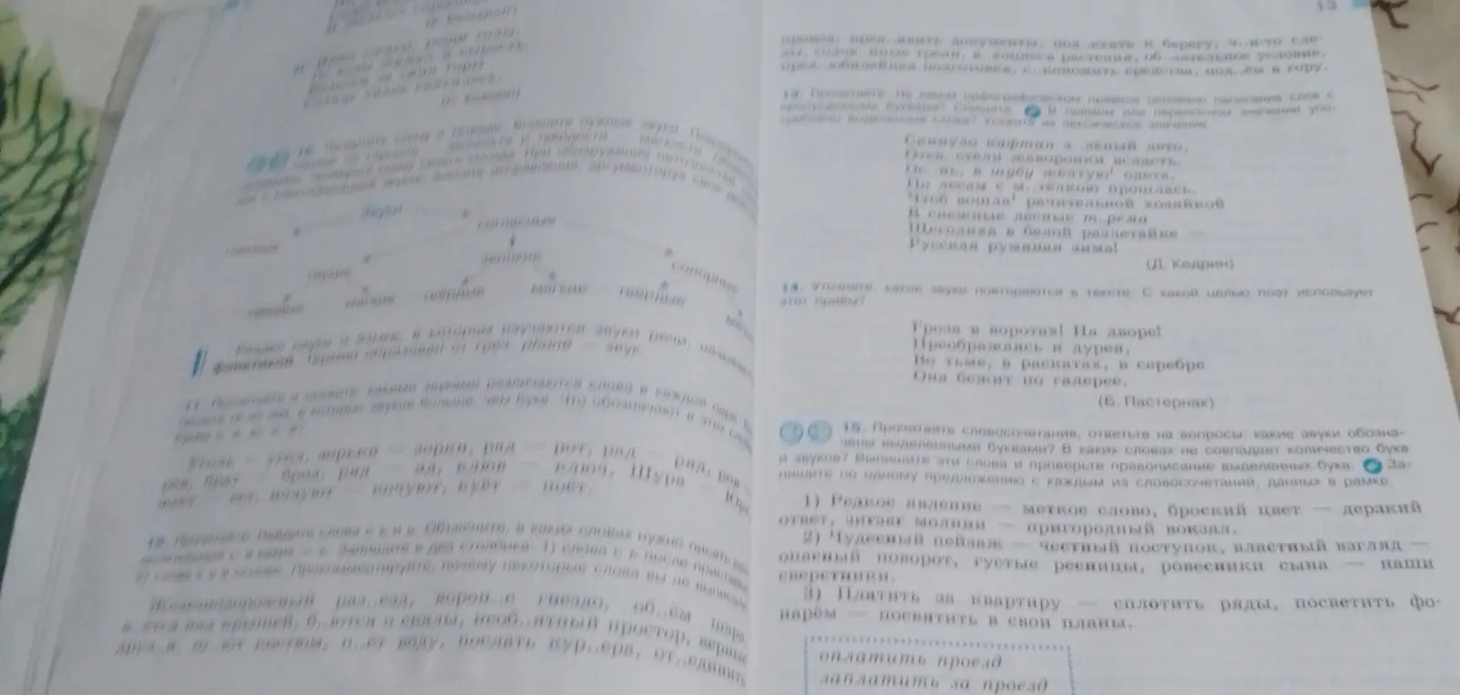 Уточни, какие звуки повторяются в тексте стихотворения Пастернака? Прочитай словосочетания и ответь на вопросы о звуках.
