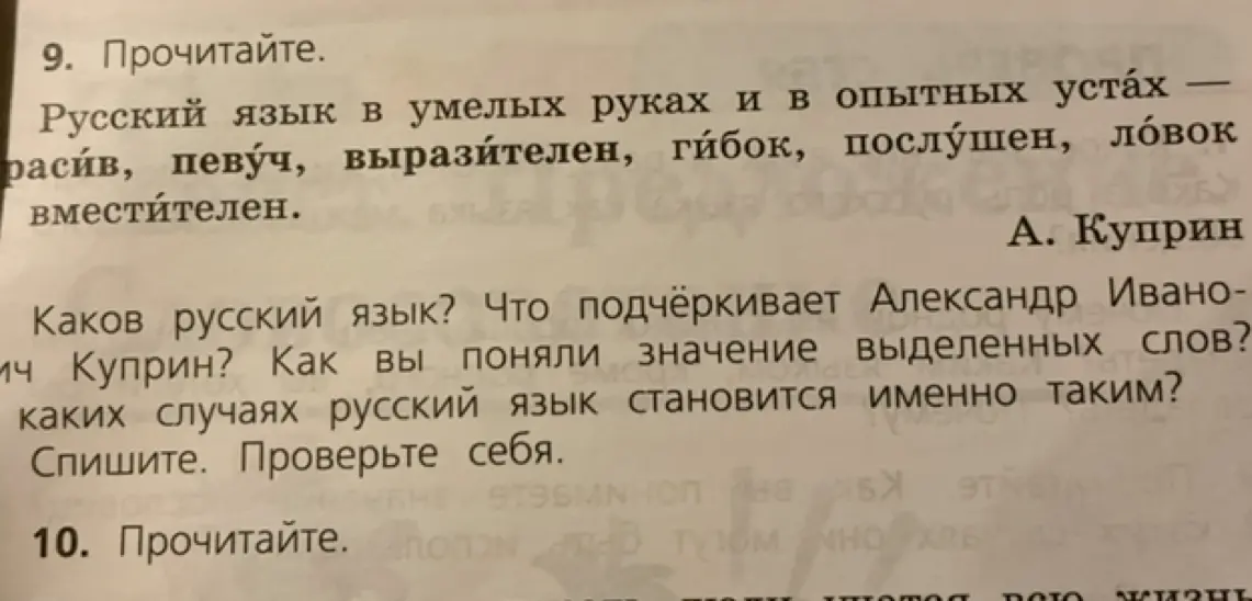 Каков русский язык по мнению Куприна и что подчёркивает автор?