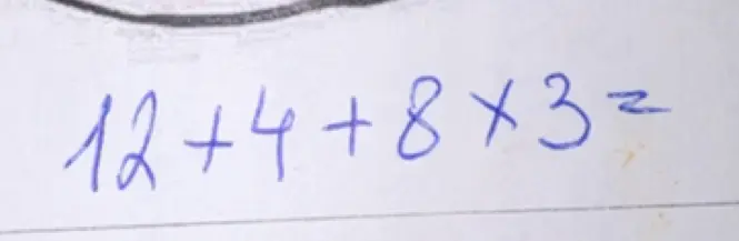 Помоги решить пример 12 + 4 + 8 * 3 =