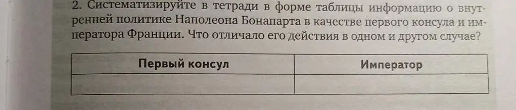 Систематизируй в тетради в форме таблицы информацию о внутренней политике Наполеона Бонапарта в качестве первого консула и императора Франции.