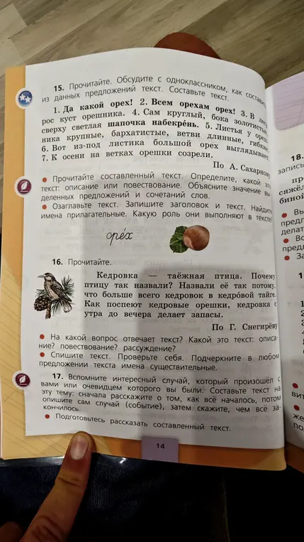 Помоги выполнить задания 15 и 16 к текстам про орех и кедровку