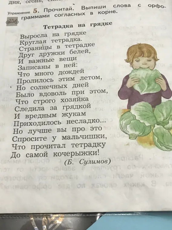 Предложено упражнение: выпиши слова с орфограммами согласных в корне из стихотворения "Тетрадка на грядке"