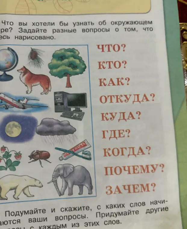 Ты просишь придумать вопросы к картинкам, используя слова на картинке: что, кто, как, откуда, куда, где, когда, почему, зачем.