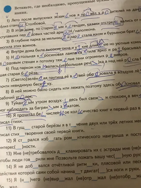 Ты просишь вставить пропущенные буквы в словах в предложениях с 1 по 15