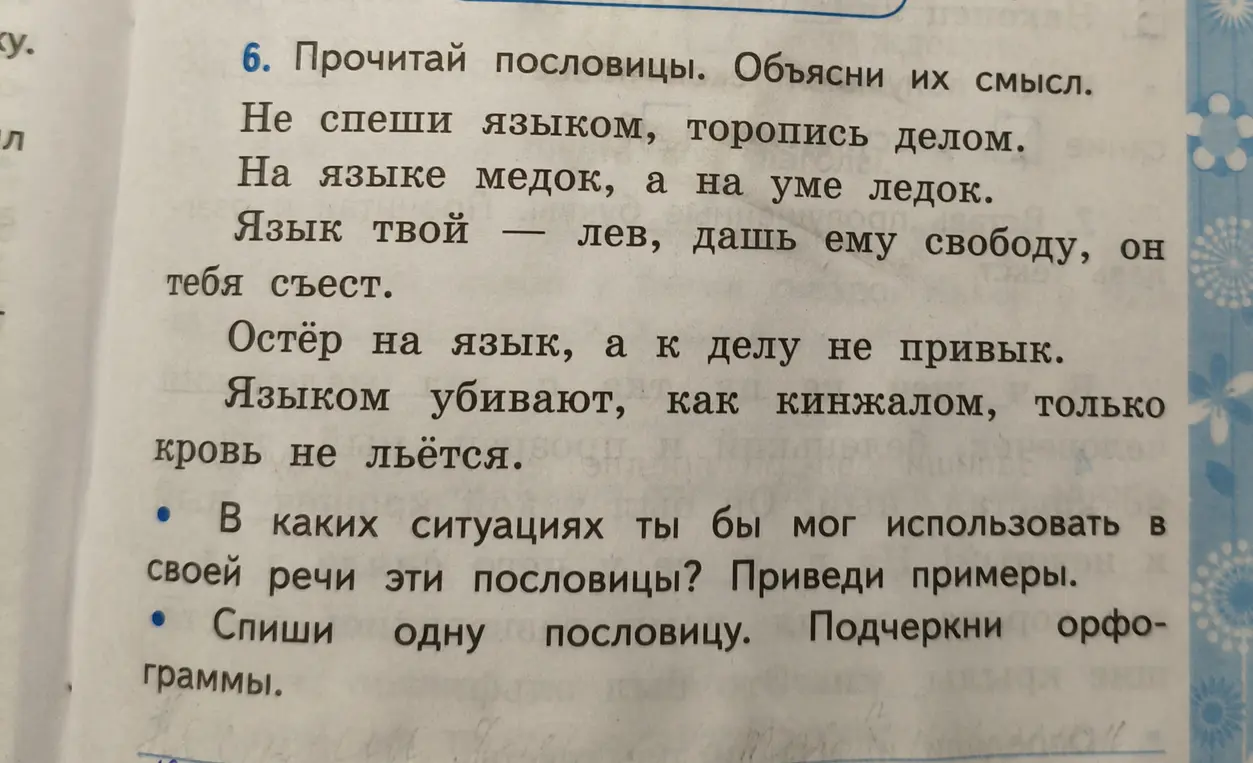 Объясни смысл пословиц: «Не спеши языком, торопись делом», «На языке медок, а на уме ледок», «Язык твой — лев, дашь ему свободу, он тебя съест», «Остёр на язык, а к делу не привык», «Языком убивают, как кинжалом, только кровь не льётся»