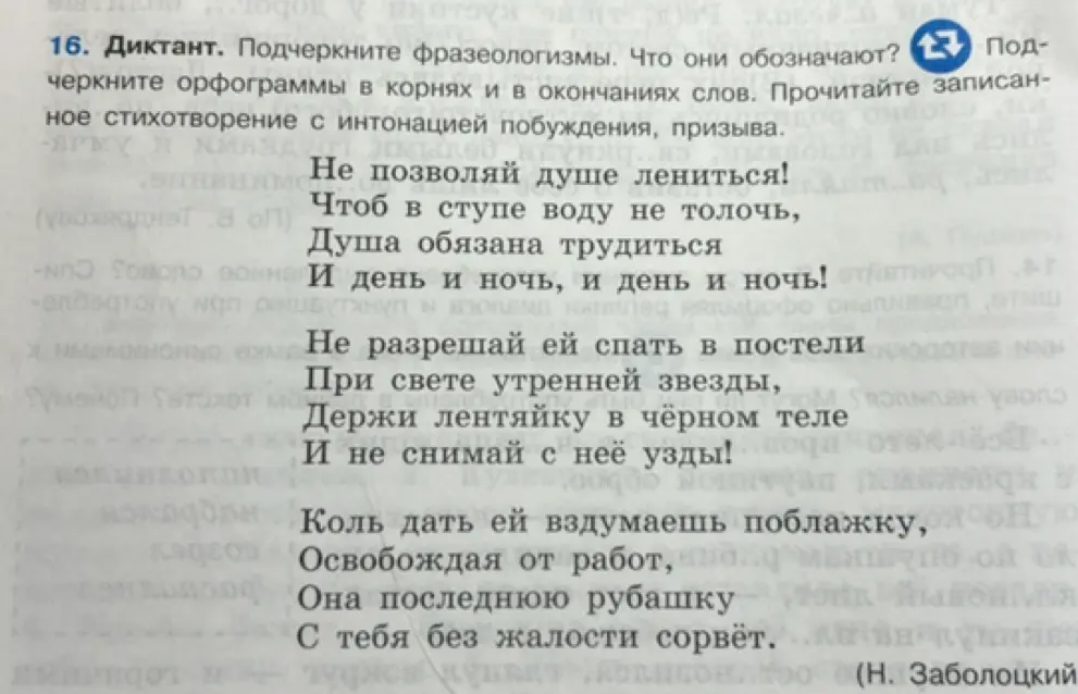 Можешь ли ты подсказать, какие фразеологизмы есть в стихотворении и что они обозначают?