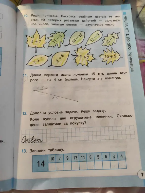 Помоги решить примеры и раскрасить листья в зависимости от результата: однозначное число - зеленым, двузначное - желтым; начерти ломаную, если длина первого звена 15 мм, длина второго - на 4 см больше; дополни условие задачи и реши ее, если Коле купили две игрушечные машинки; заполни таблицу, прибавляя к 14 значения из верхней строки.
