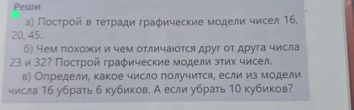Построй в тетради графические модели чисел 16, 20, 45.