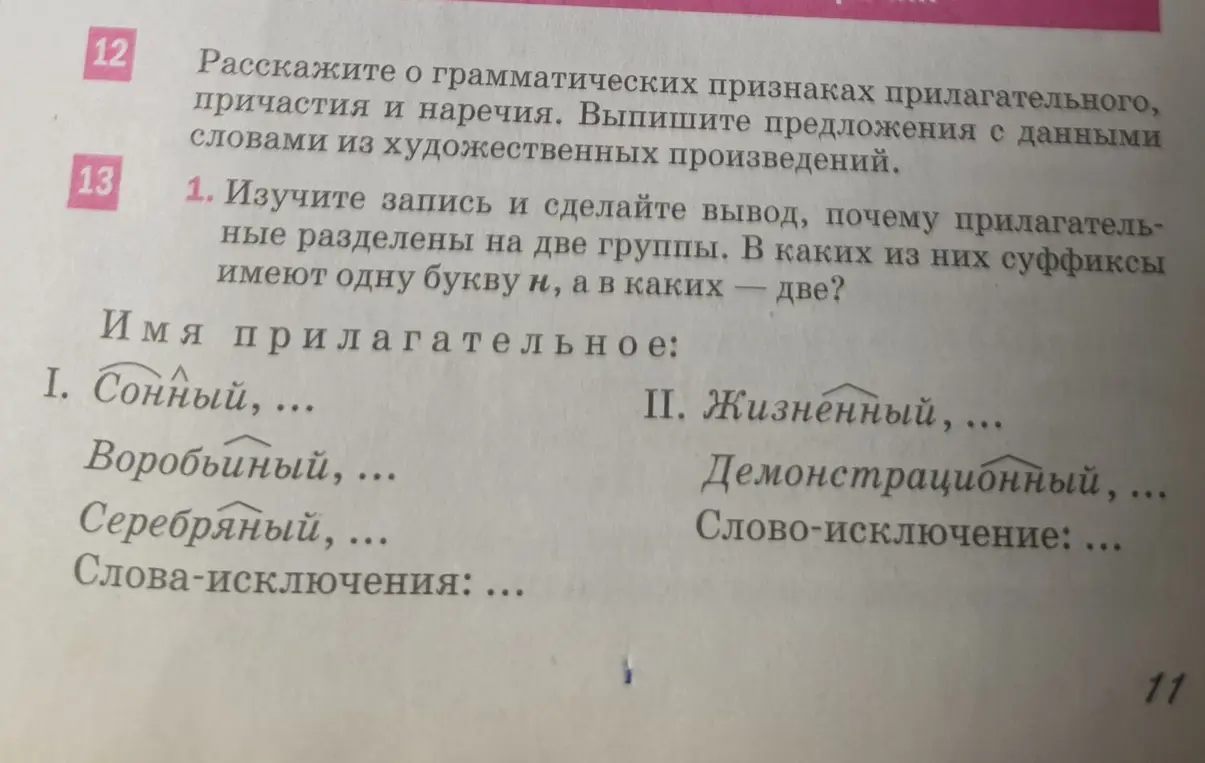 Изучи записи и сделай вывод, почему прилагательные разделены на две группы, в каких из них суффиксы имеют одну букву н, а в каких две?