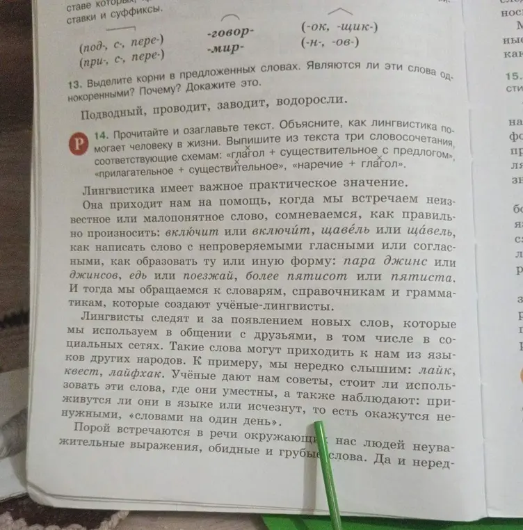 Выдели корни в словах "Подводный, проводит, заводит, водоросли" и выпиши три словосочетания из текста в задании 14.