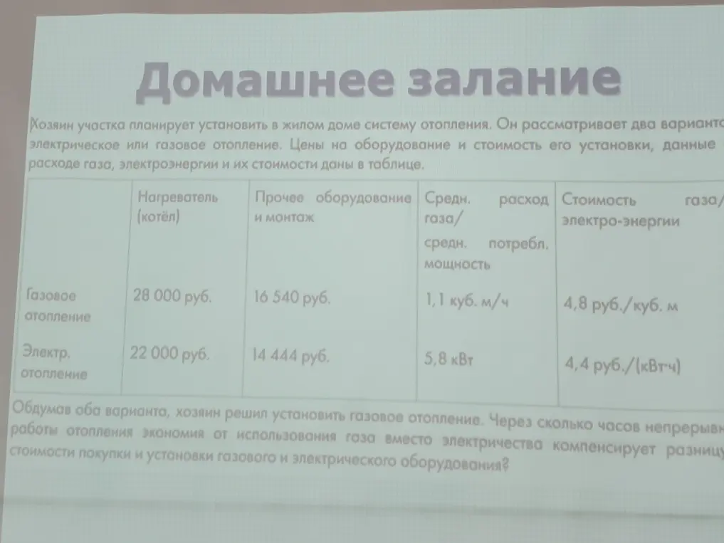 Через сколько часов непрерывной работы отопления экономия от использования газа вместо электричества компенсирует разницу стоимости покупки и установки газового и электрического оборудования?