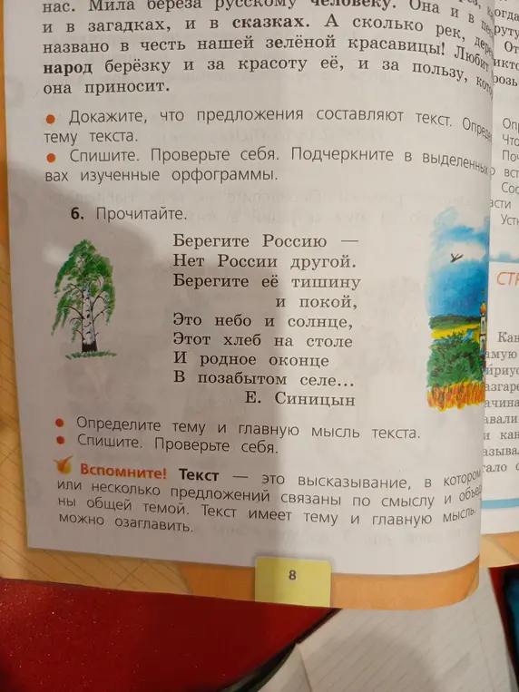 Определи тему и главную мысль текста "Берегите Россию – Нет России другой. Берегите её тишину и покой..."