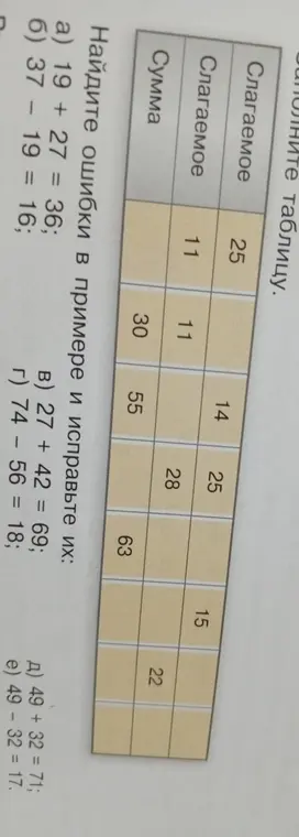 Найди ошибки в примере 19 + 27 = 36 и исправь их