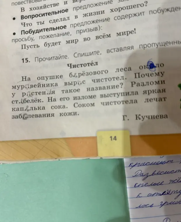Прочитай, спиши, вставляя пропущенные буквы в тексте про чистотел.
