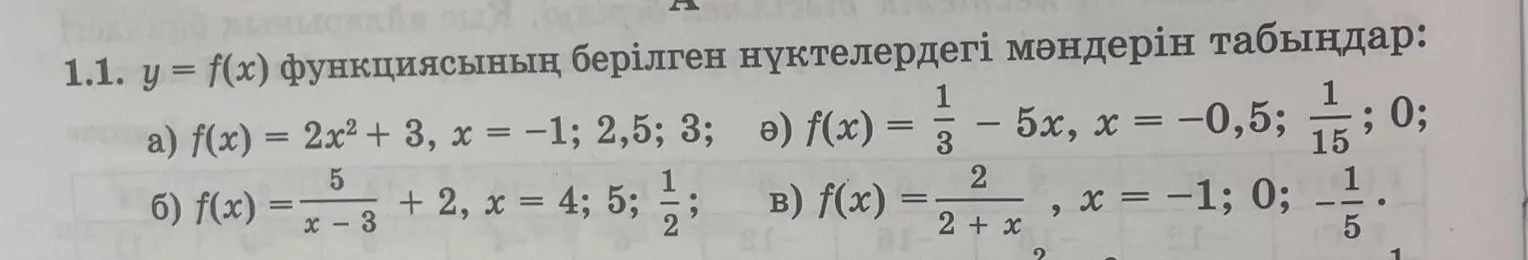 Вычисли значения функций f(x) = 2x² + 3, f(x) = 5/(x-3) + 2, f(x) = 1/3 - 5x и f(x) = 2/(2 + x) в заданных точках