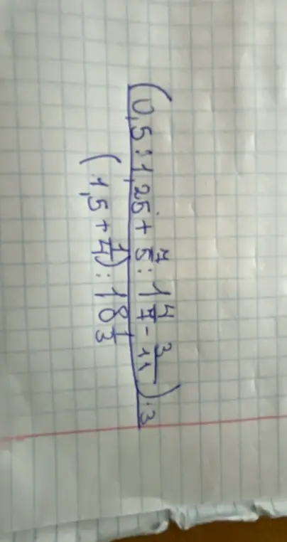 Ты просишь решить математическое выражение: (0,5:1,25+3/5) * (1 4/15 - 1/3) / ((1,5+4/5):1,8) * 3