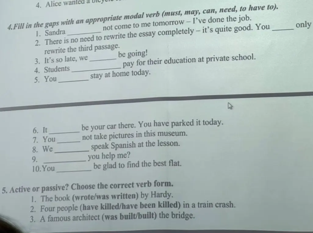 Заполни пропуски подходящим модальным глаголом (must, may, can, need, to have to) в предложении 'Sandra not come to me tomorrow - I've done the job'