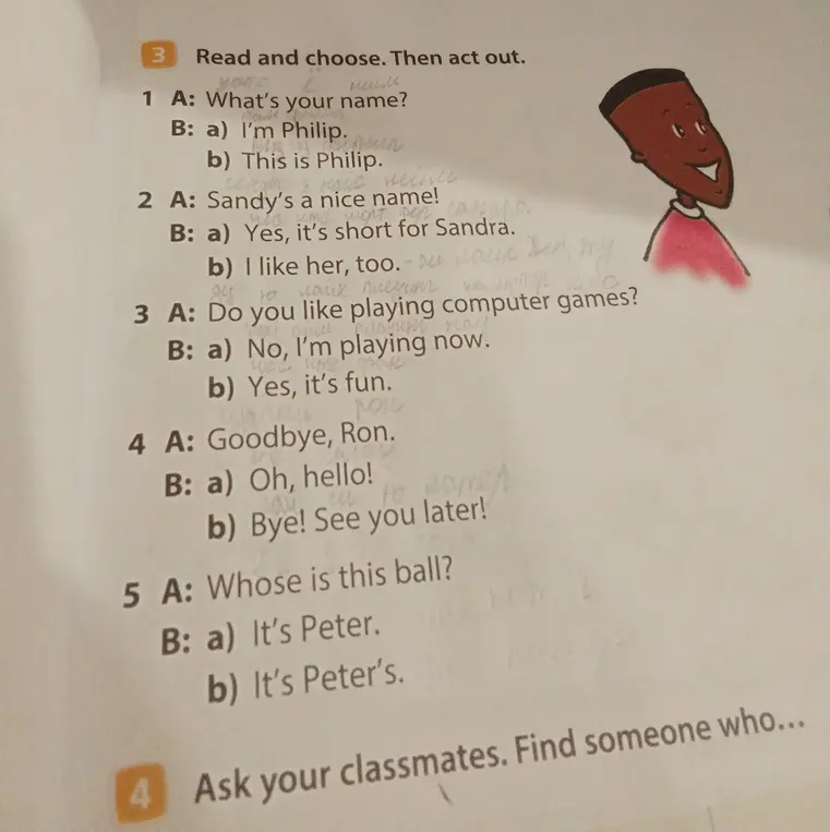 Выбери правильный ответ в диалогах на английском: What's your name?