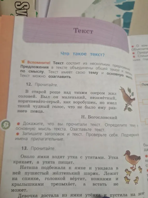 Докажи, что ты прочитал текст, определи тему и основную мысль текста, озаглавь текст, запиши заголовок и текст, проверь себя и подчеркни имена прилагательные.