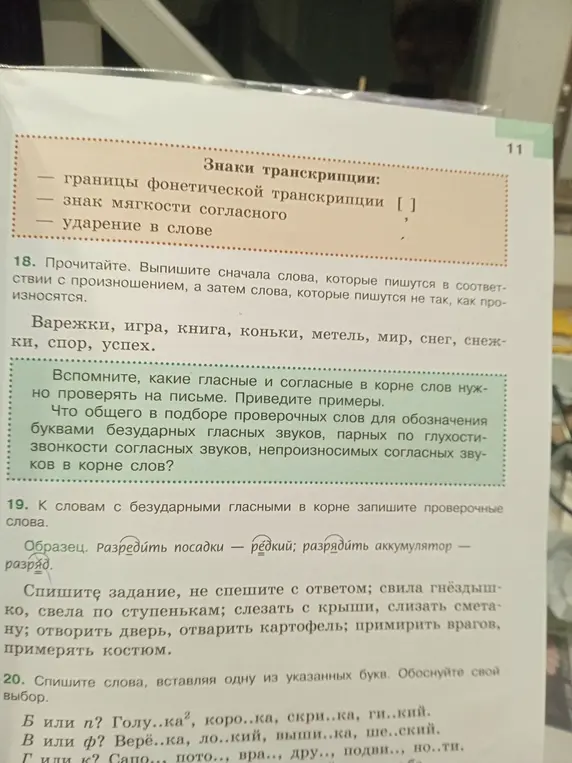 Выполни задания: 19. К словам с безударными гласными в корне запиши проверочные слова; 20. Спиши слова, вставляя одну из указанных букв