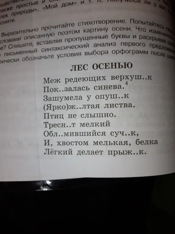 Выполни синтаксический анализ первого предложения в стихотворении 'Лес осенью'