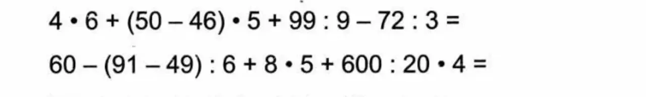 Реши пример 4*6 + (50-46)*5 + 99:9-72 : 3 =