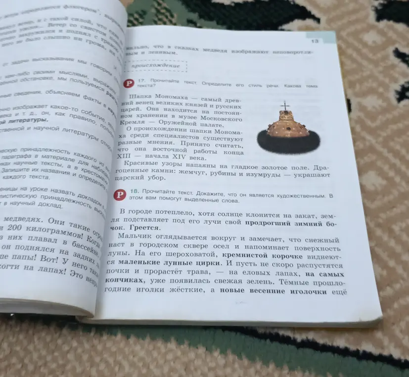 Определи стиль речи текста про шапку Мономаха и докажи, что текст про мальчика является художественным