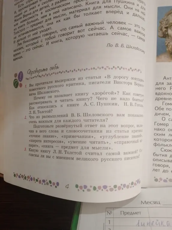 Помоги ответить на вопросы по тексту Шкловского: почему он называет книгу дорогой, что из его размышлений показалось важным, какую книгу Толстой считал важной.