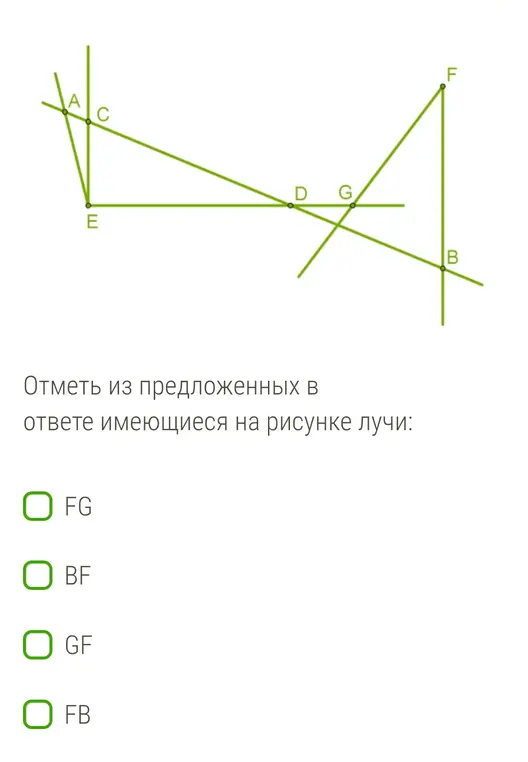 Отметь из предложенных в ответе имеющиеся на рисунке лучи: FG