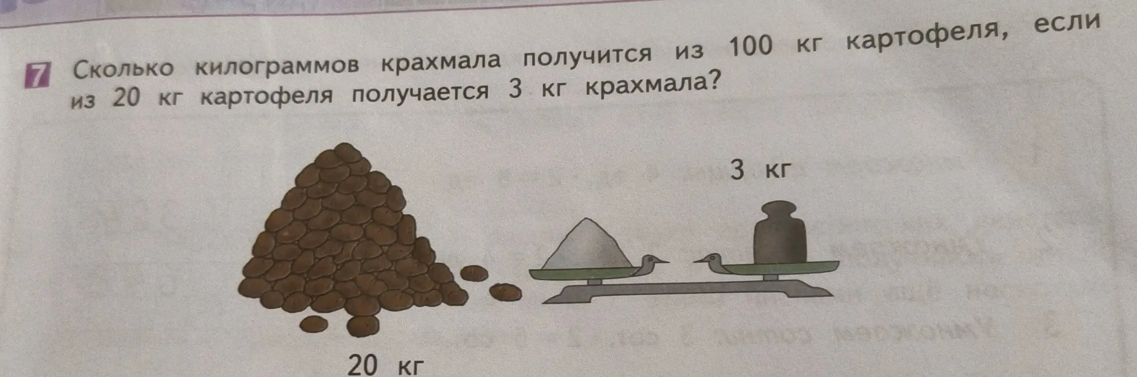 Объясни, сколько килограммов крахмала получится из 100 кг картофеля, если из 20 кг картофеля получается 3 кг крахмала?
