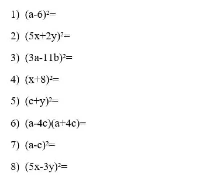 Помоги решить примеры с формулами сокращенного умножения: 1) (a-6)²= 