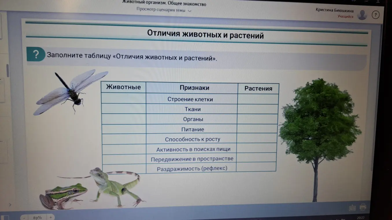 Заполни, пожалуйста, таблицу «Отличия животных и растений».