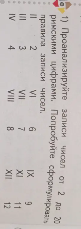 Проанализируй записи чисел от 2 до 20 римскими цифрами и попробуй сформулировать правила записи чисел