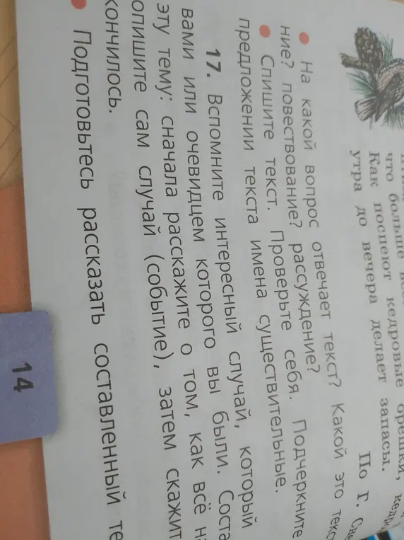 Помоги выполнить задания по русскому языку из упражнения 17: на какой вопрос отвечает текст, и какие имена существительные нужно подчеркнуть в предложении?