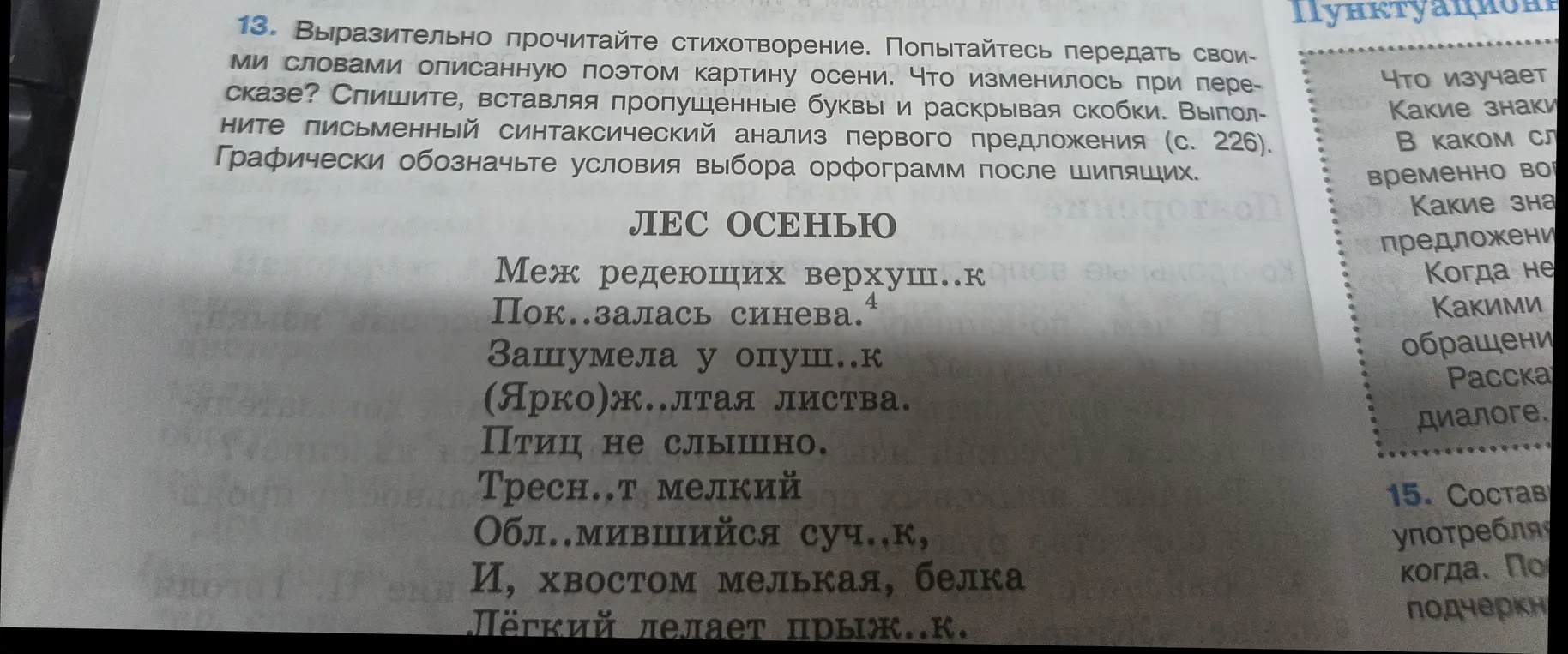 Выполни письменный синтаксический анализ первого предложения стихотворения «Лес осенью»