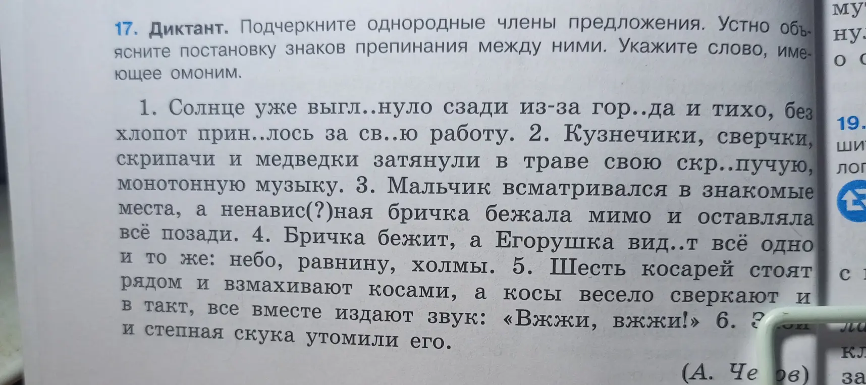 Прошу подчеркнуть однородные члены предложения в диктанте и объяснить постановку знаков препинания между ними, а также указать слово, имеющее омоним.