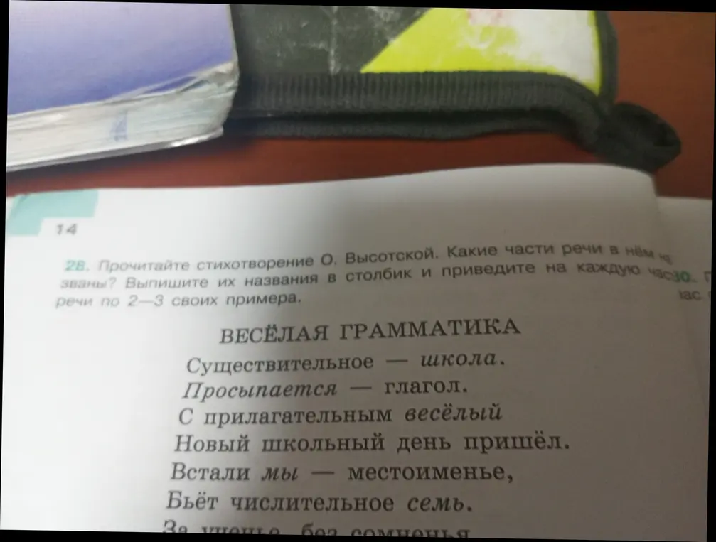 Назови части речи в стихотворении О. Высотской и выпиши их названия в столбик и приведи на каждую часть речи по 2-3 своих примера.