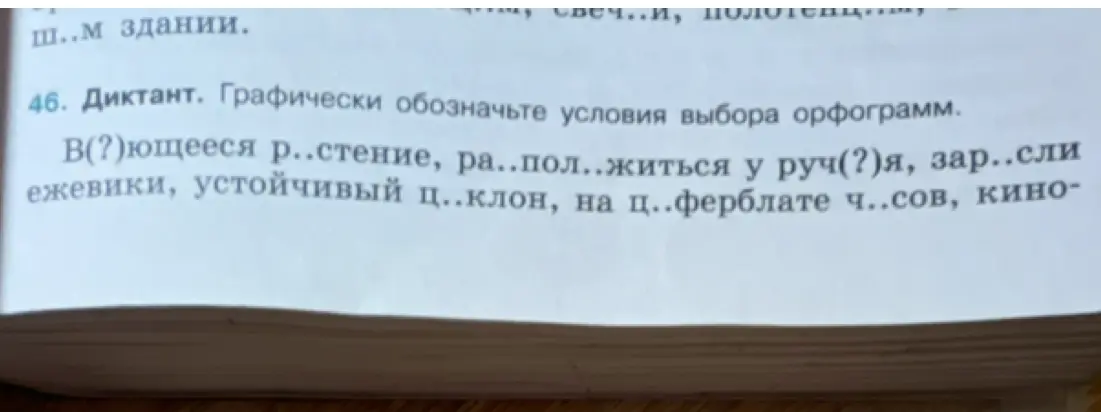 Определи, какие буквы нужно вставить в слова: В(?)ющееся р..стение, ра..пол..житься у руч(?)я, зар..сли ежевики, устойчивый ц..клон, на ц..ферблате ч..сов, кино-