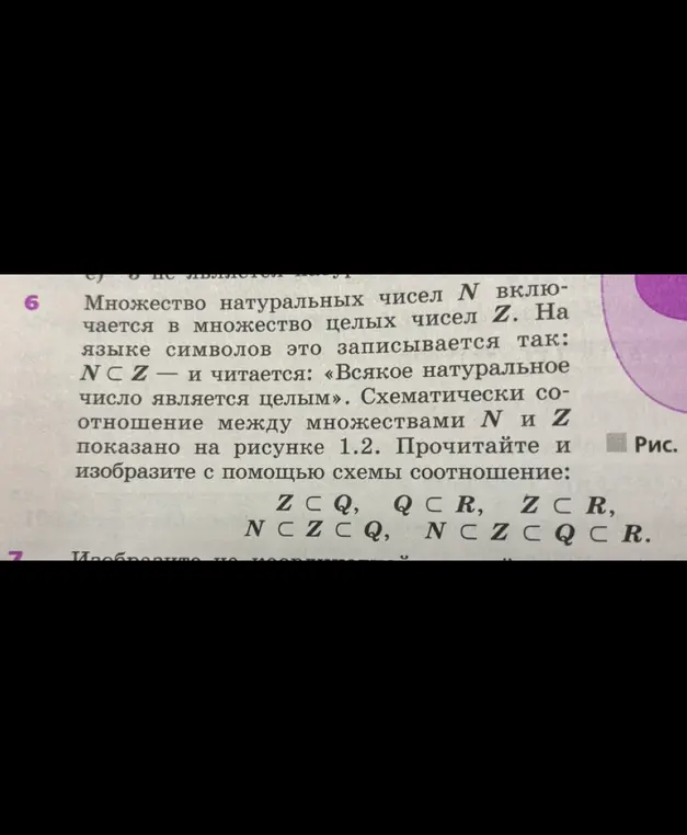 Прочитай и изобрази с помощью схемы соотношения: Z⊂Q, Q⊂R, Z⊂R, N⊂Z⊂Q, N⊂Z⊂Q⊂R