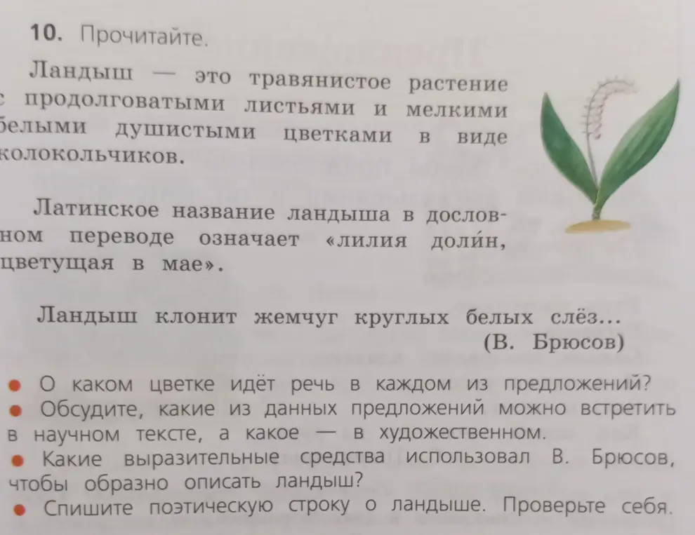Ответь на вопросы по тексту о ландыше: о каком цветке идёт речь в каждом из предложений?
