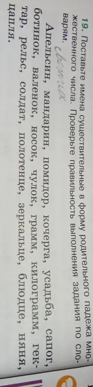 Поставь имена существительные в форму родительного падежа множественного числа.
