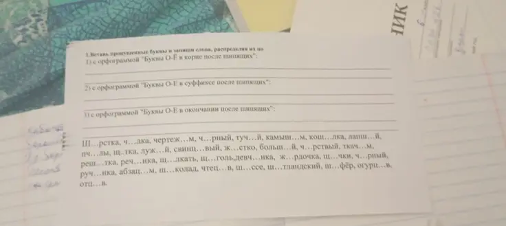 Ты просишь меня вставить пропущенные буквы и записать слова, распределив их по орфограммам: «Буквы О-Е в корне после шипящих».
