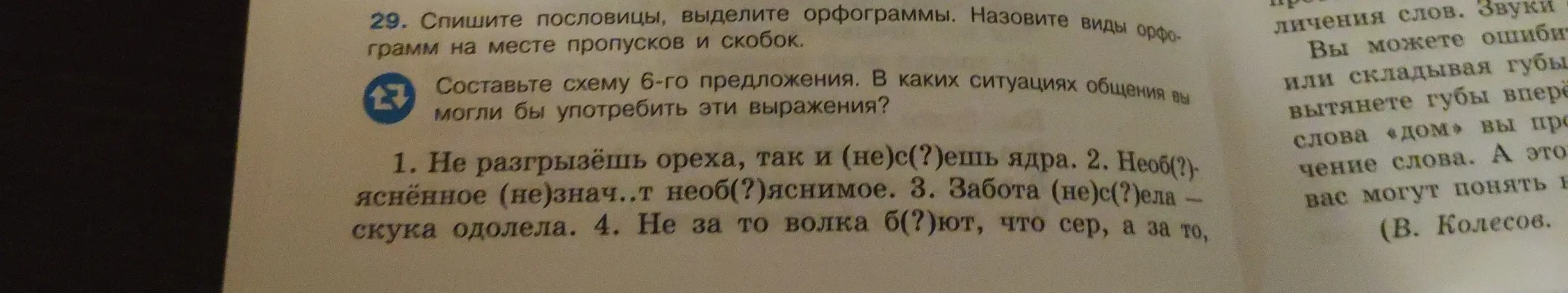 Ты просишь списать пословицы, выделить орфограммы и назвать виды орфограмм на месте пропусков и скобок в упражнении.
