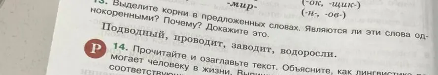 Выдели корни в предложенных словах 'Подводный, проводит, заводит, водоросли'. Являются ли эти слова однокоренными?