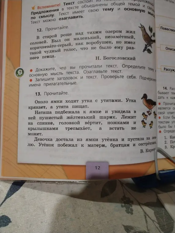 Ты просишь прочитать тексты 12 и 13, определить тему и основную мысль текста 12, озаглавить текст 12 и подчеркнуть имена прилагательные.