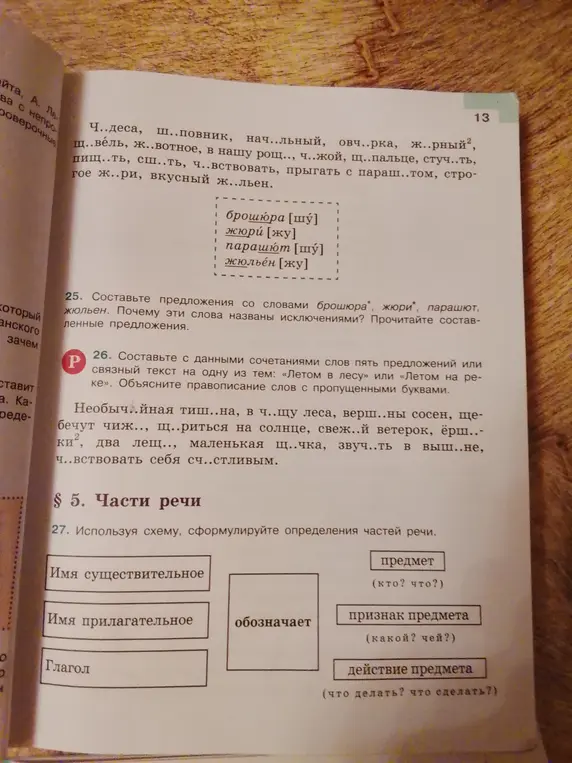 Составь предложения со словами брошюра, жюри, парашют, жюльен. Почему эти слова названы исключениями? Также составь пять предложений или связный текст на тему: «Летом в лесу» или «Летом на реке» и объясни правописание слов с пропущенными буквами. Сформулируй определения частей речи.
